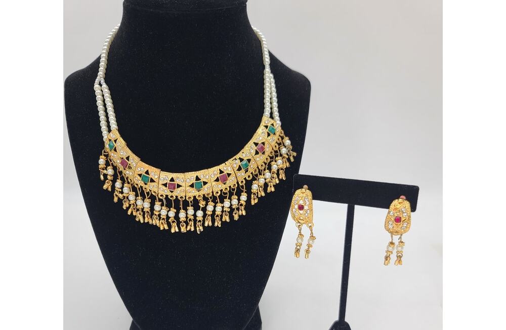 Artisan Choker Necklace Set Gold-Plated Metal, Pearls, & Multi-colored Enamel